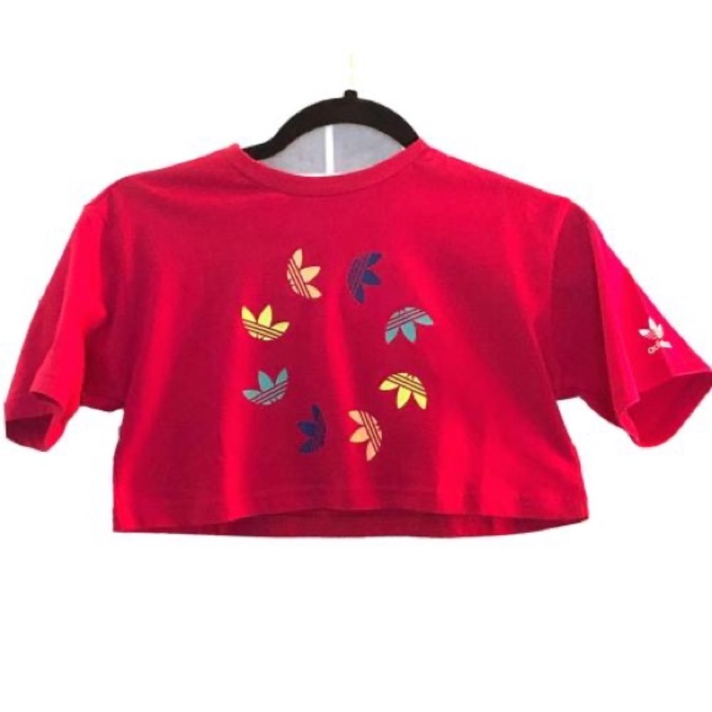 Adidas Bold Pink Originals Multi-color Trefoil "Big Girl" Kids Crop-top NWT XS - Picture 5 of 11